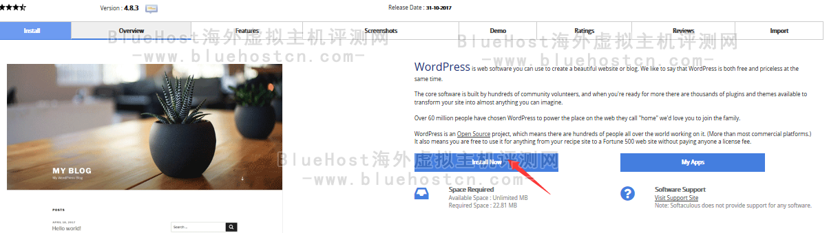 2.进入WordPress程序安装页面，点击“Install Now”